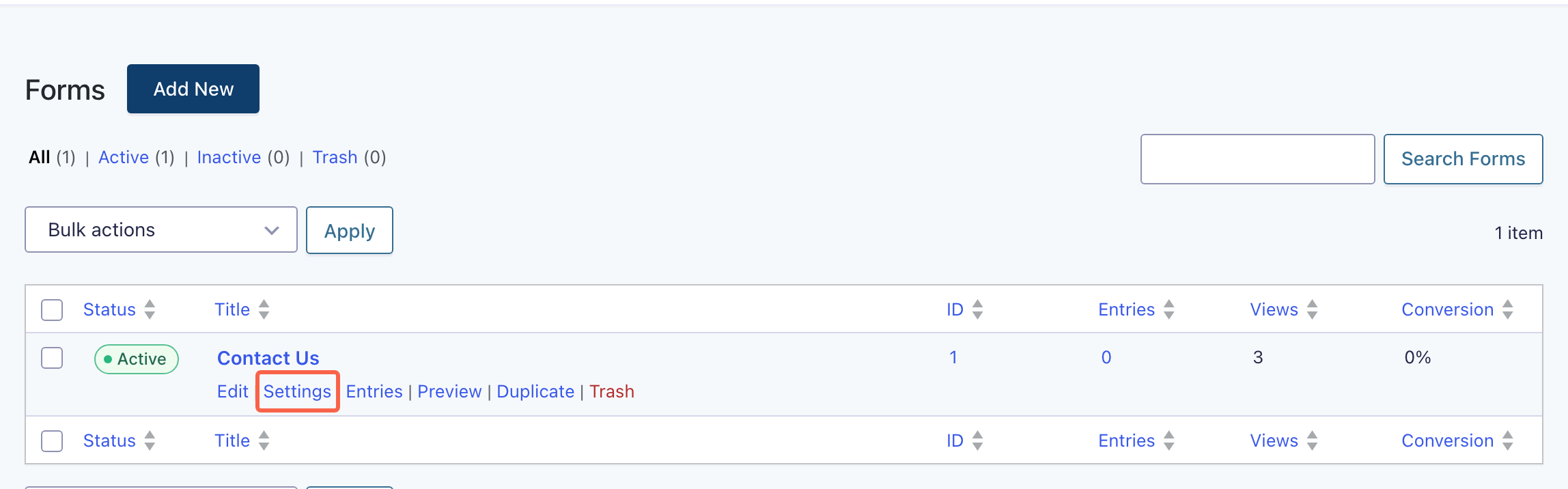The Gravity Forms list with the row links revealed under the form name and the Settings link highlighted