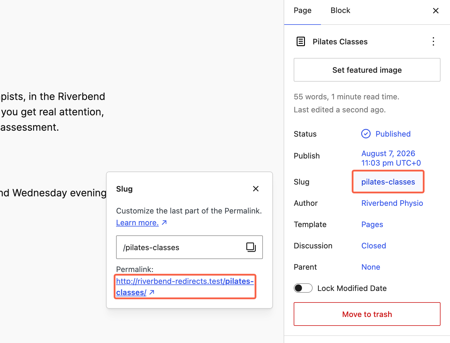 The page settings panel with the Slug row and the full web address underneath it highlighted, before the address is changed