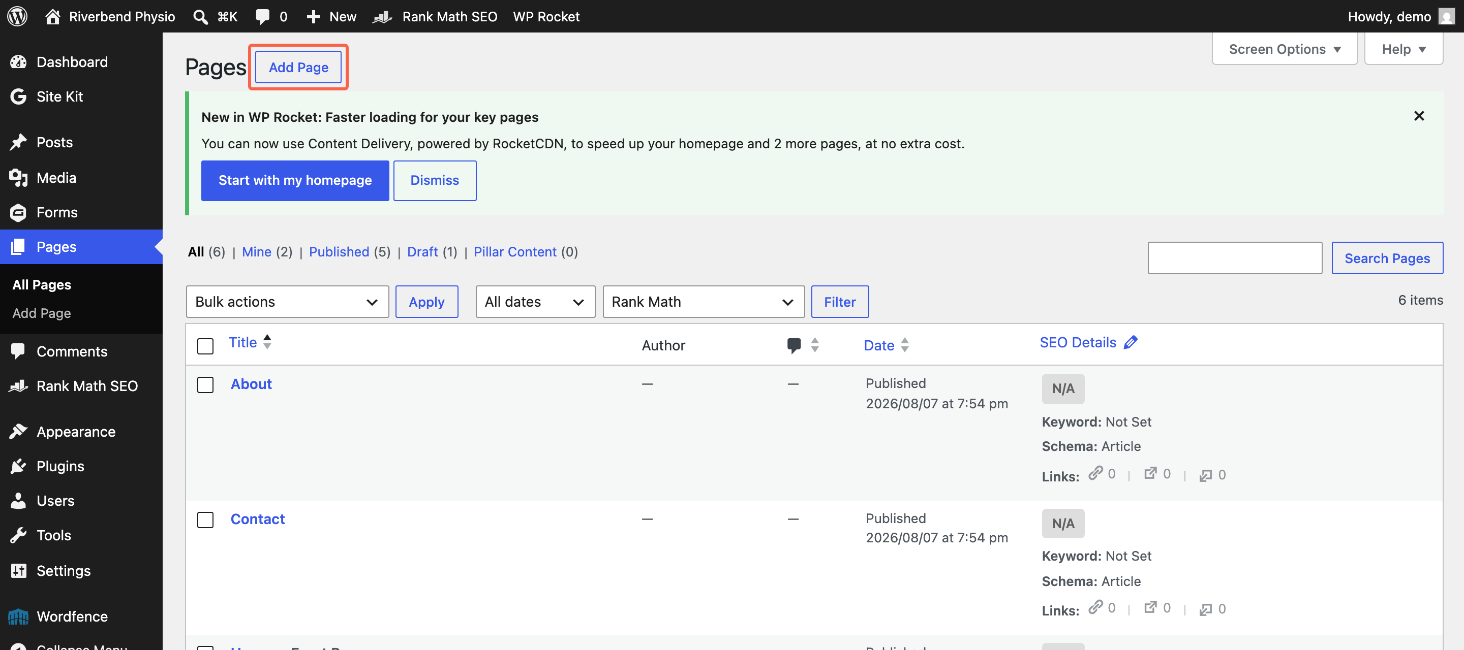 The WordPress Pages screen with the Add Page button beside the heading highlighted