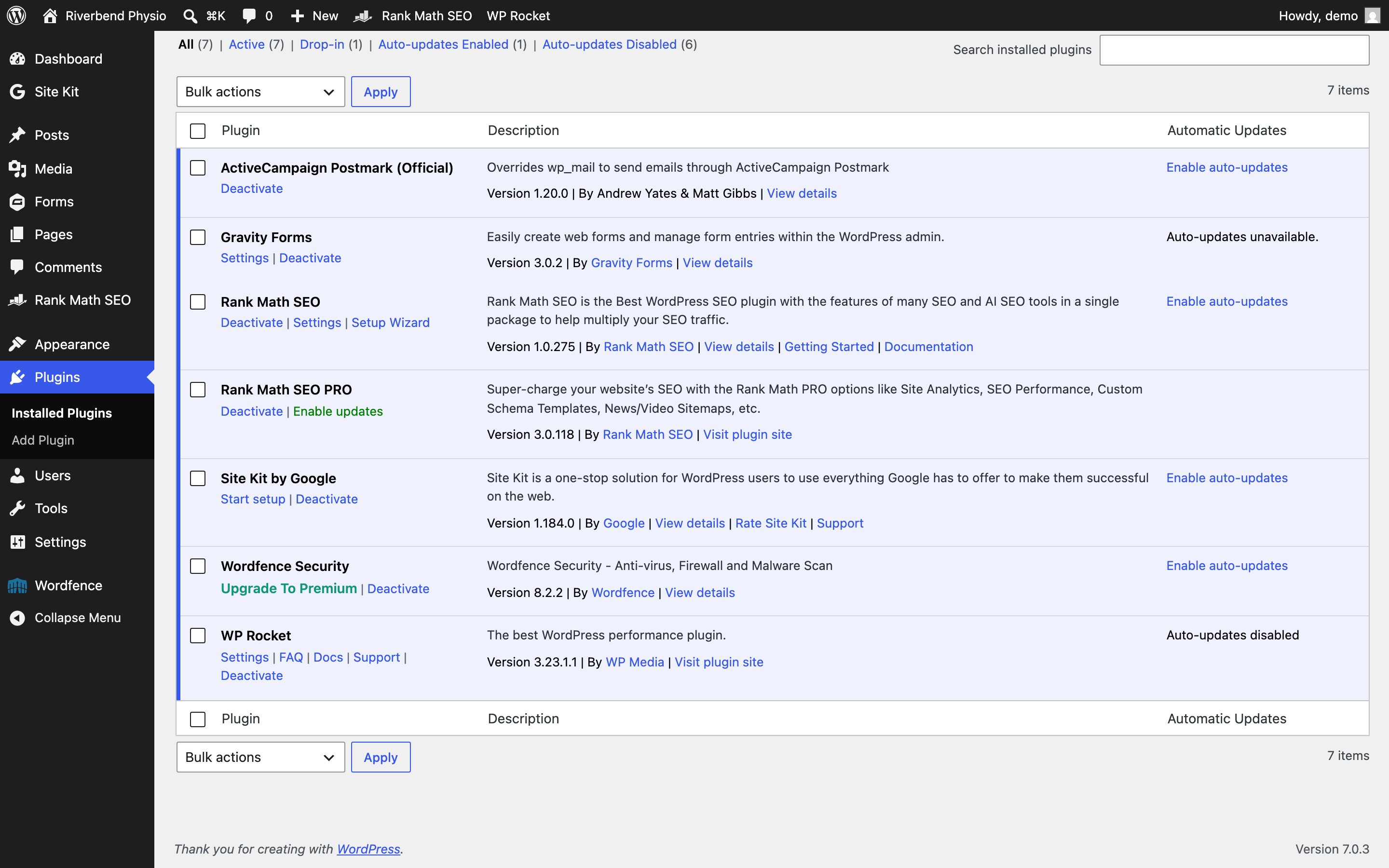 The WordPress Plugins screen with the list of active plugins, being checked for a second caching plugin