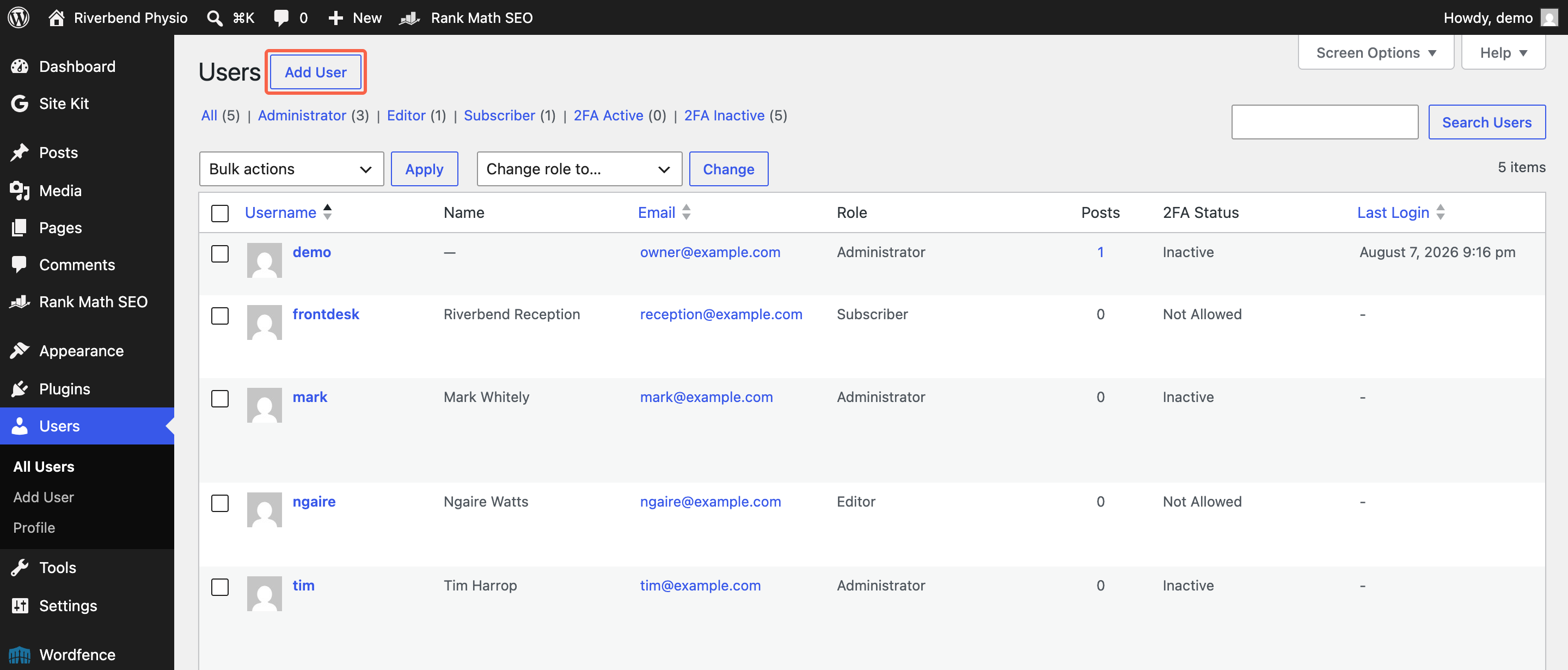 The WordPress Users screen with the Add User button beside the heading highlighted