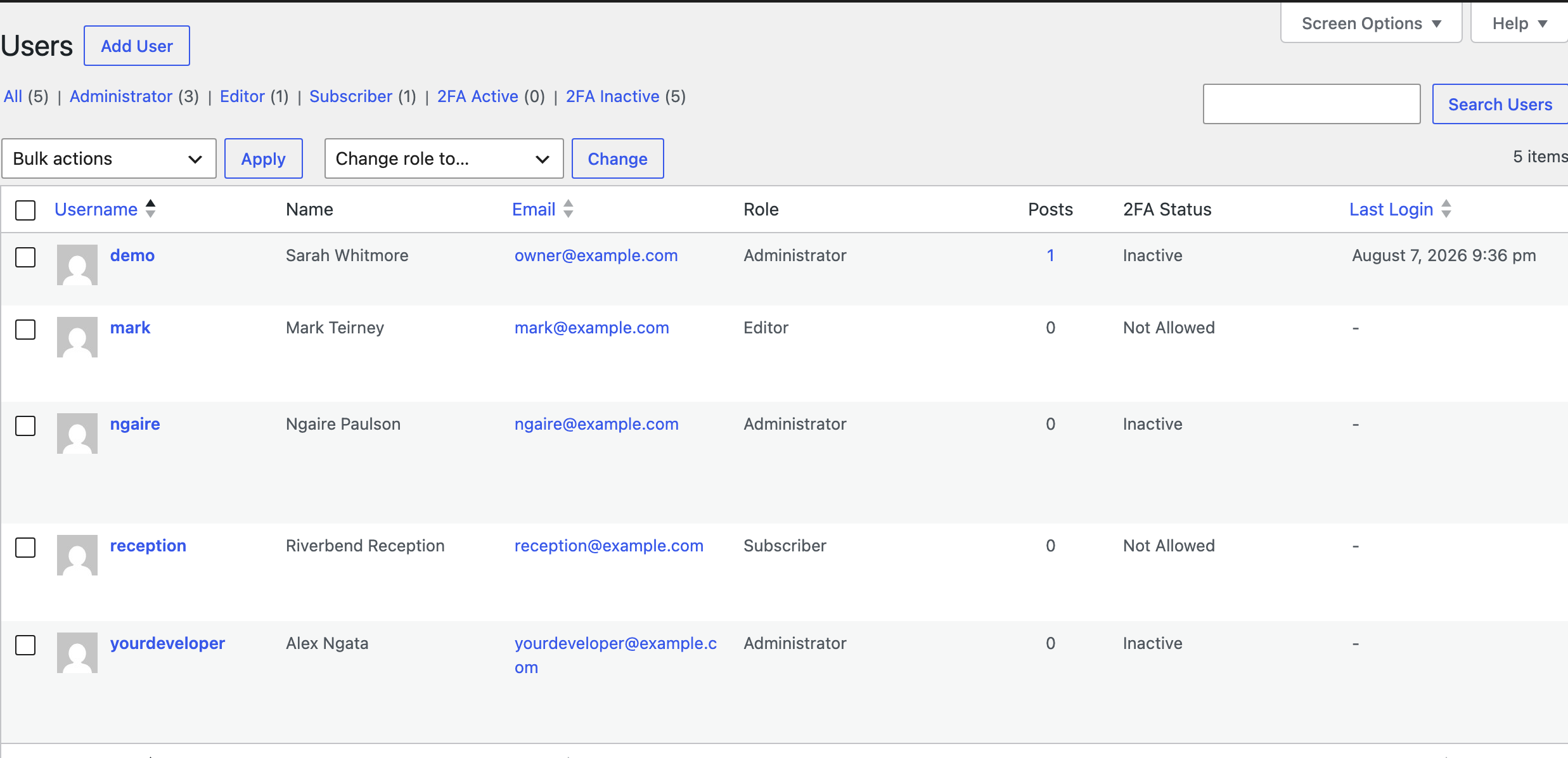 The WordPress Users screen showing the Email column for each account