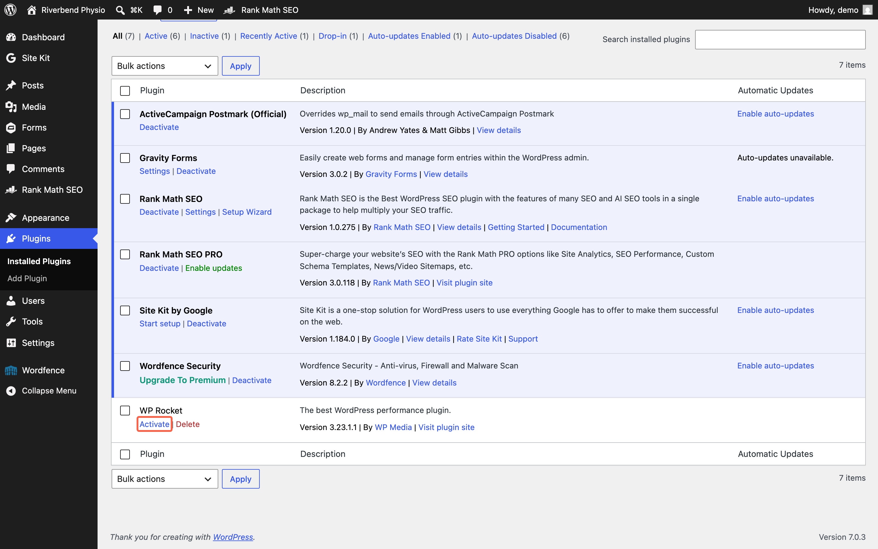 The WordPress Plugins screen with the Activate link under WP Rocket highlighted