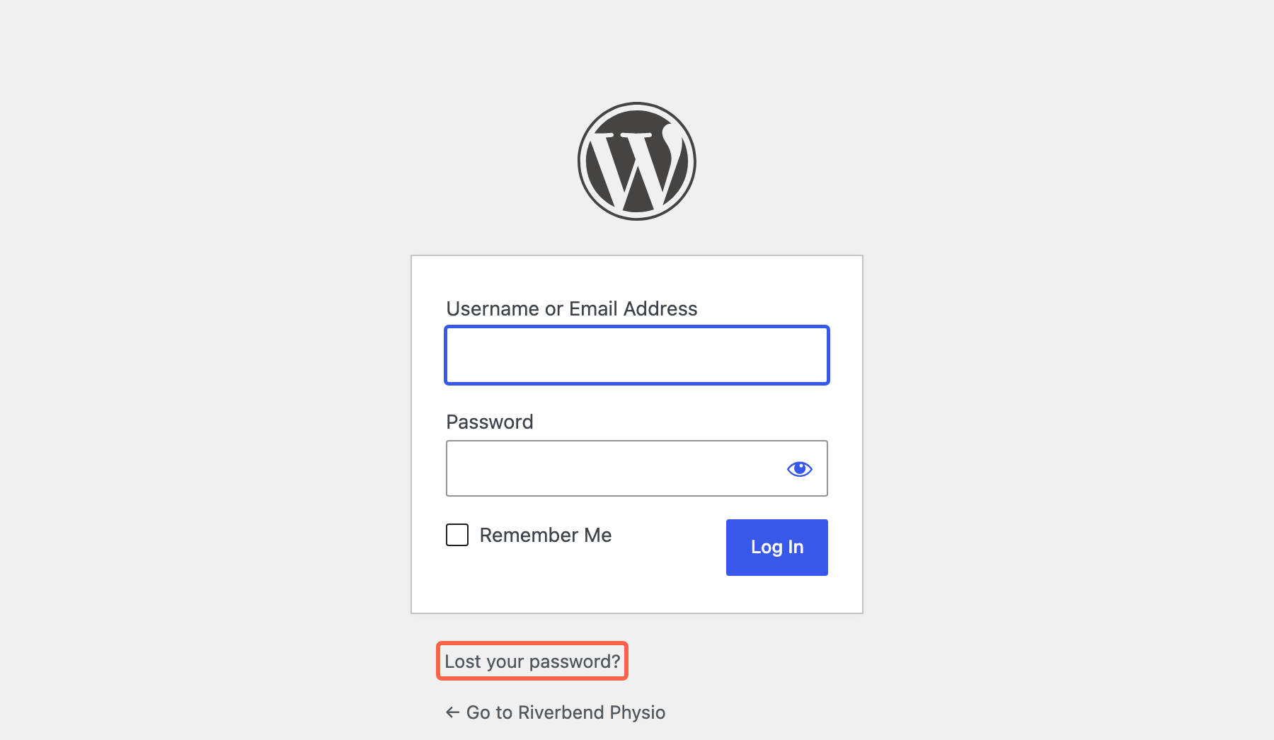 The WordPress login screen with the Lost your password? link below the login box highlighted