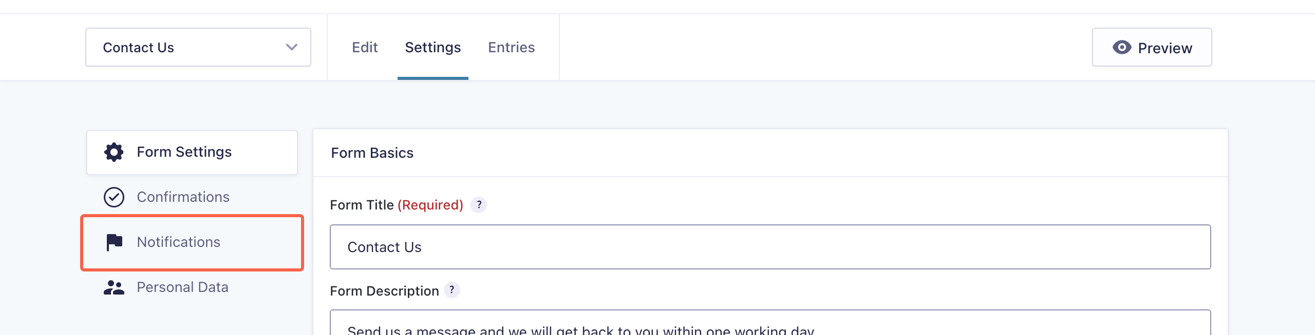 The form settings menu with Notifications highlighted, alongside Form Settings, Confirmations and Personal Data