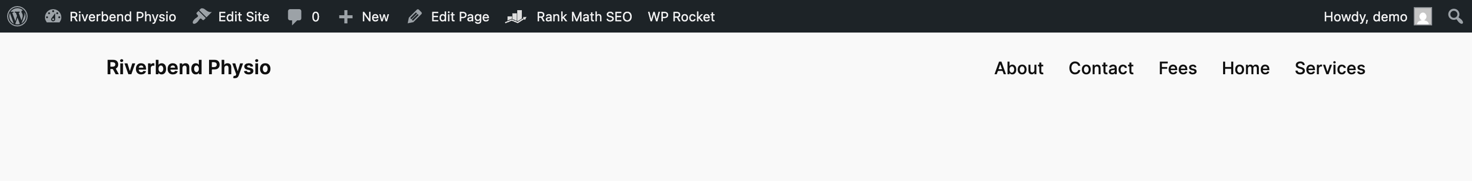 The same website menu while logged in to WordPress, with the Fees page showing