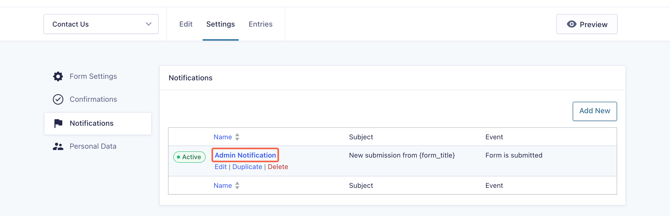 The Notifications table for a form with the Admin Notification name link highlighted