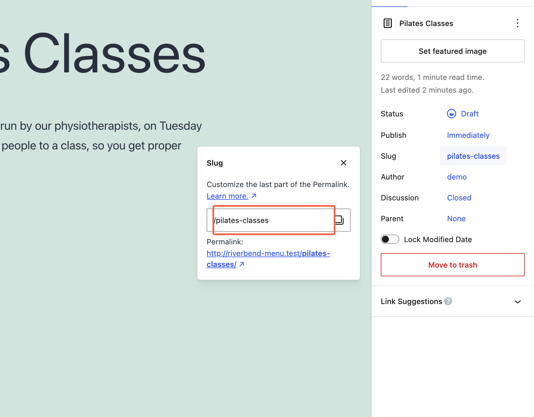 The page settings panel with the Slug field open and highlighted, showing the full web address and the Parent setting below