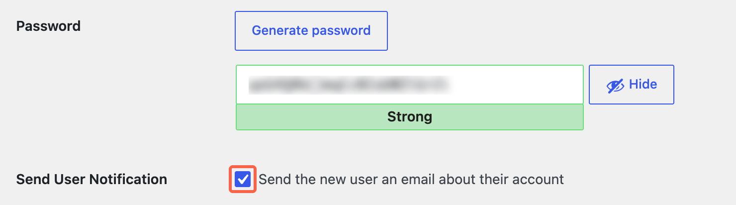 The Add User screen with the pre-filled password field and the ticked Send User Notification checkbox highlighted