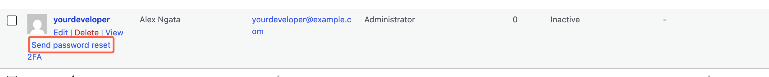 The Users list with the row links revealed under a username and the Send password reset link highlighted