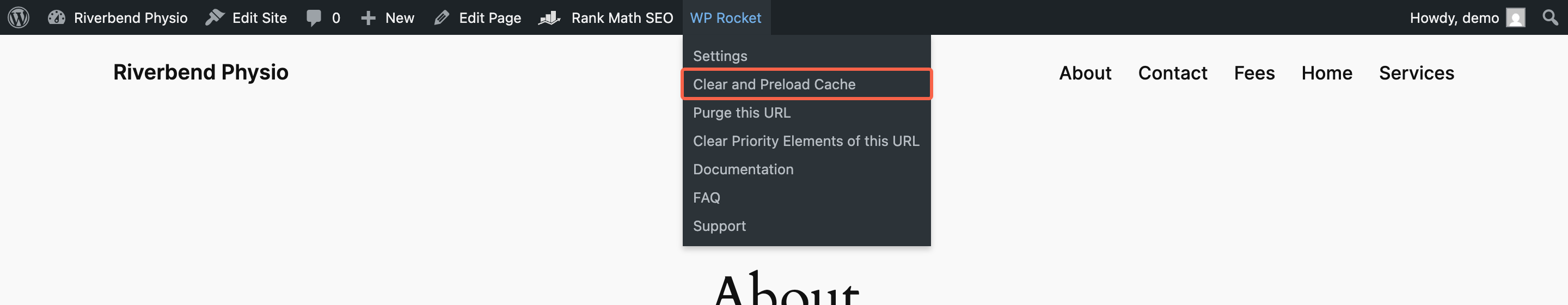The WP Rocket menu open in the black bar at the top of the website with Clear and Preload Cache highlighted