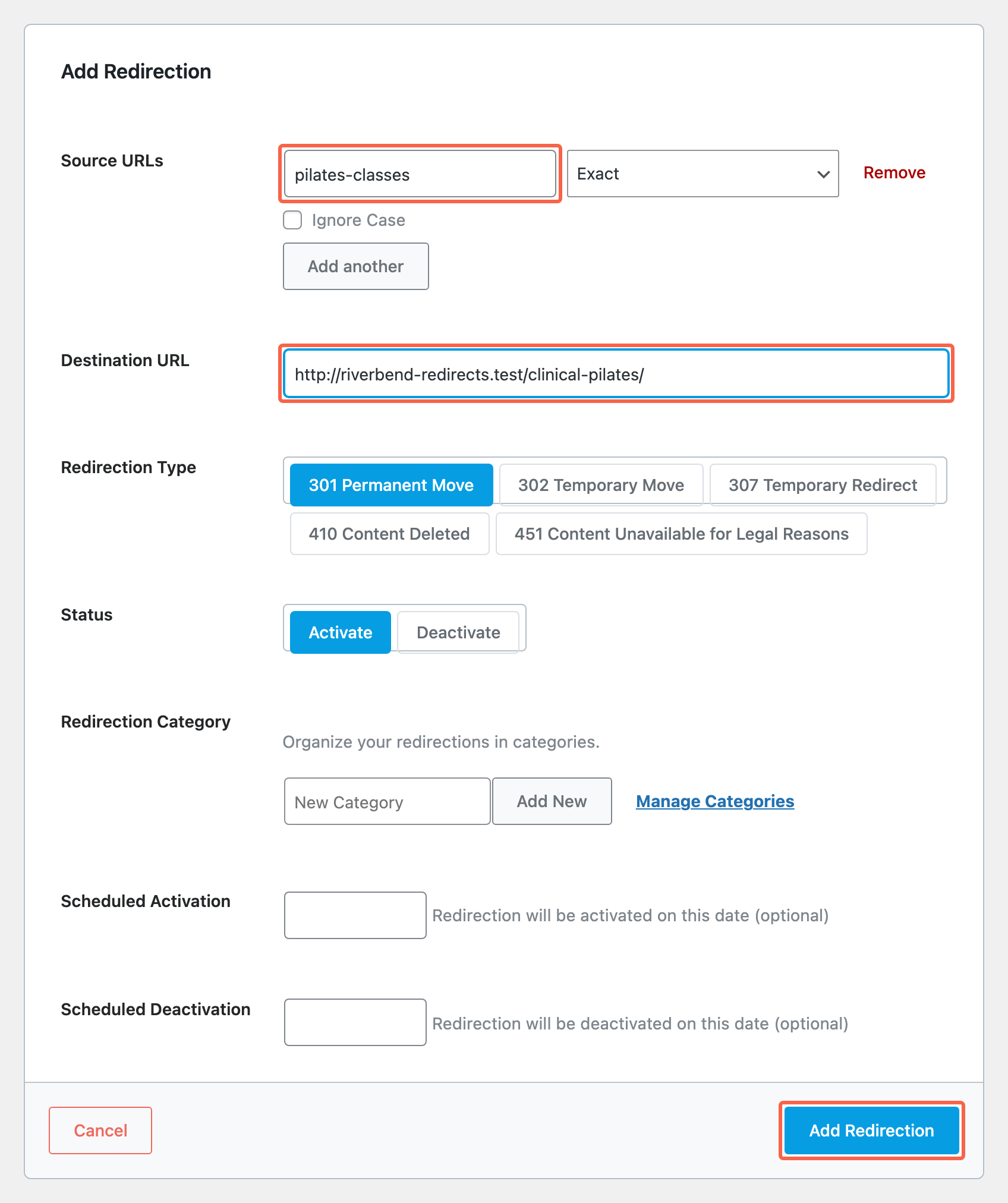 The Add Redirection form filled in, with the Source URLs box, the Destination URL box and the Add Redirection button highlighted