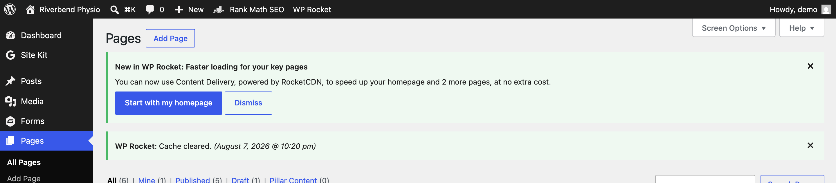 The WordPress Pages screen showing the green WP Rocket Cache cleared confirmation with a timestamp