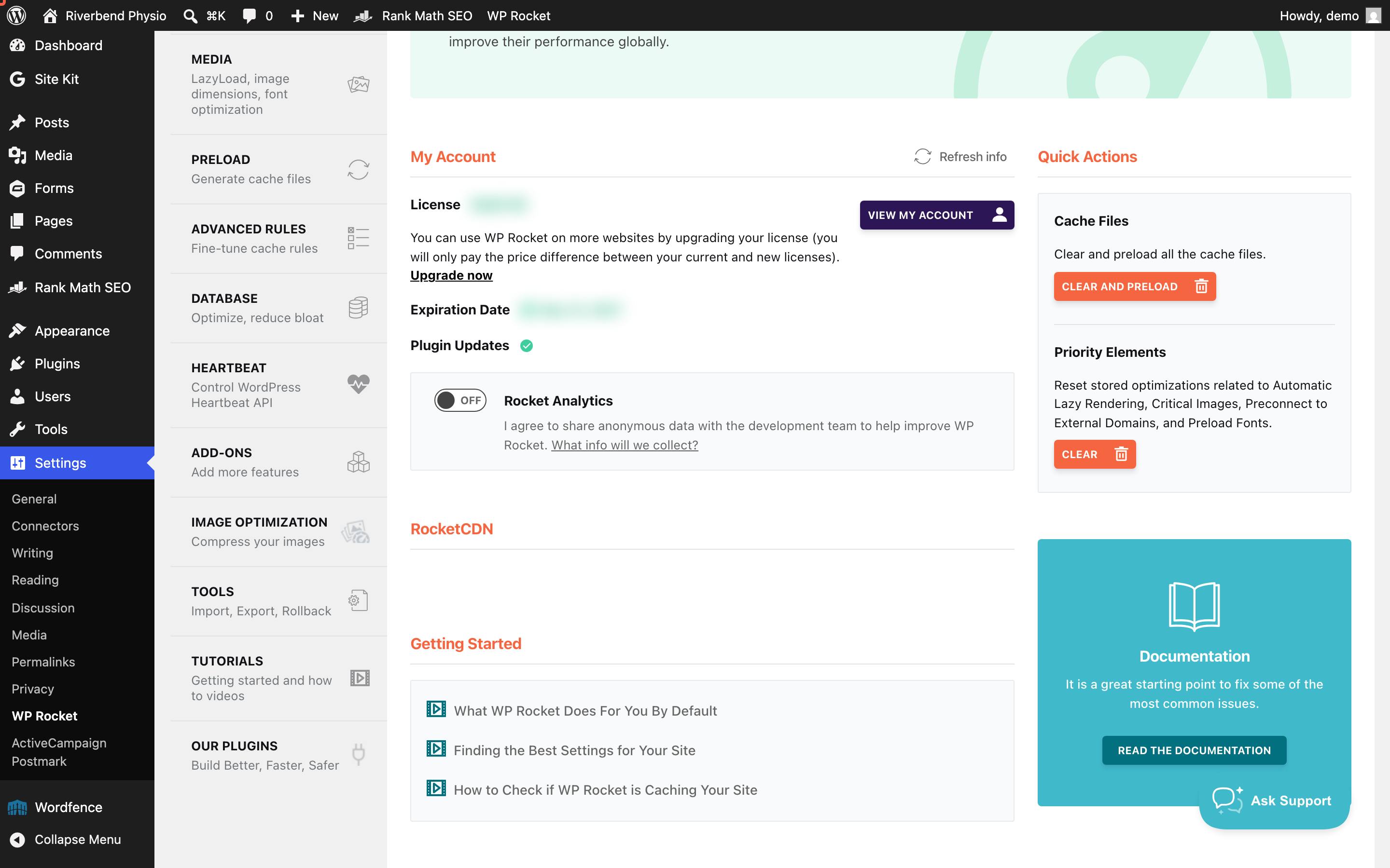 The WP Rocket Dashboard tab with the Clear and Preload button in the Quick Actions panel highlighted