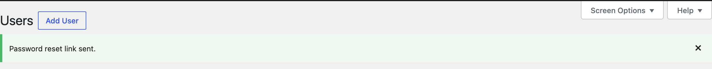 The Users screen showing the green Password reset link sent notice