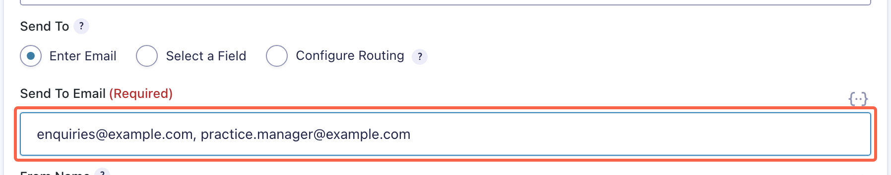 The Send To Email field on a Gravity Forms notification, highlighted, holding two addresses separated by a comma