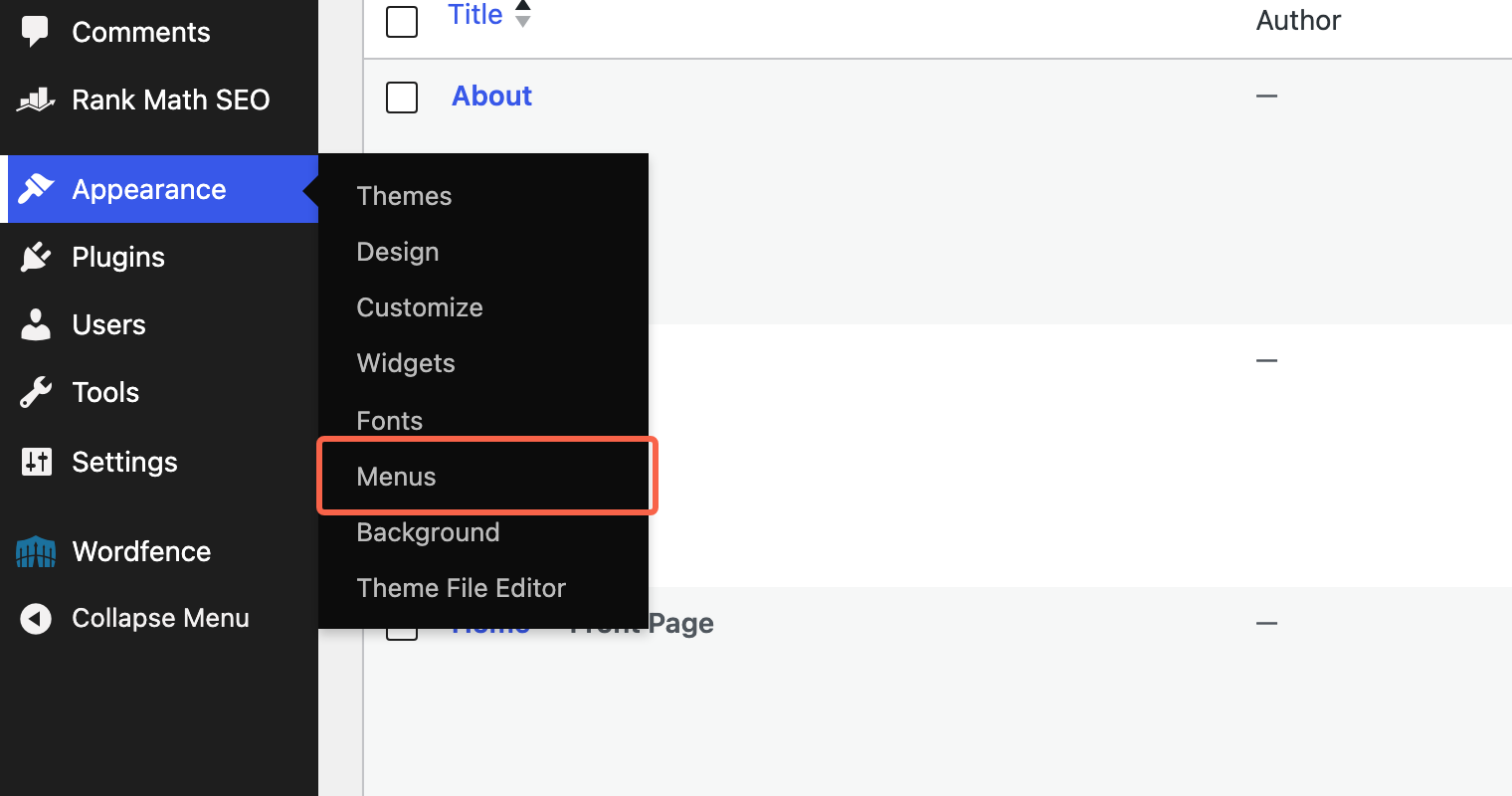 The Appearance menu opened in the WordPress sidebar with the Menus item highlighted