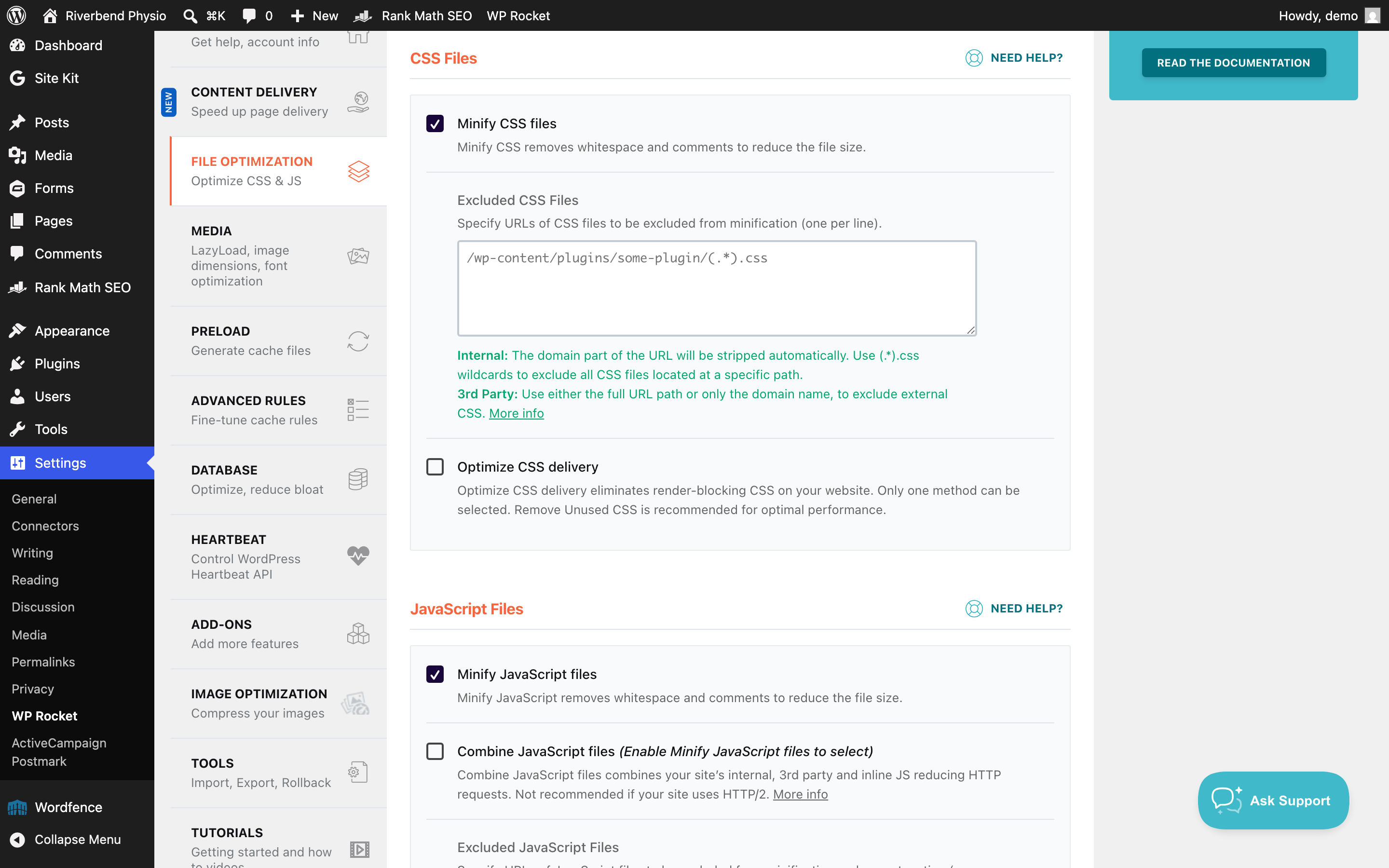 The WP Rocket File Optimization tab showing Minify CSS files already ticked and Optimize CSS delivery unticked