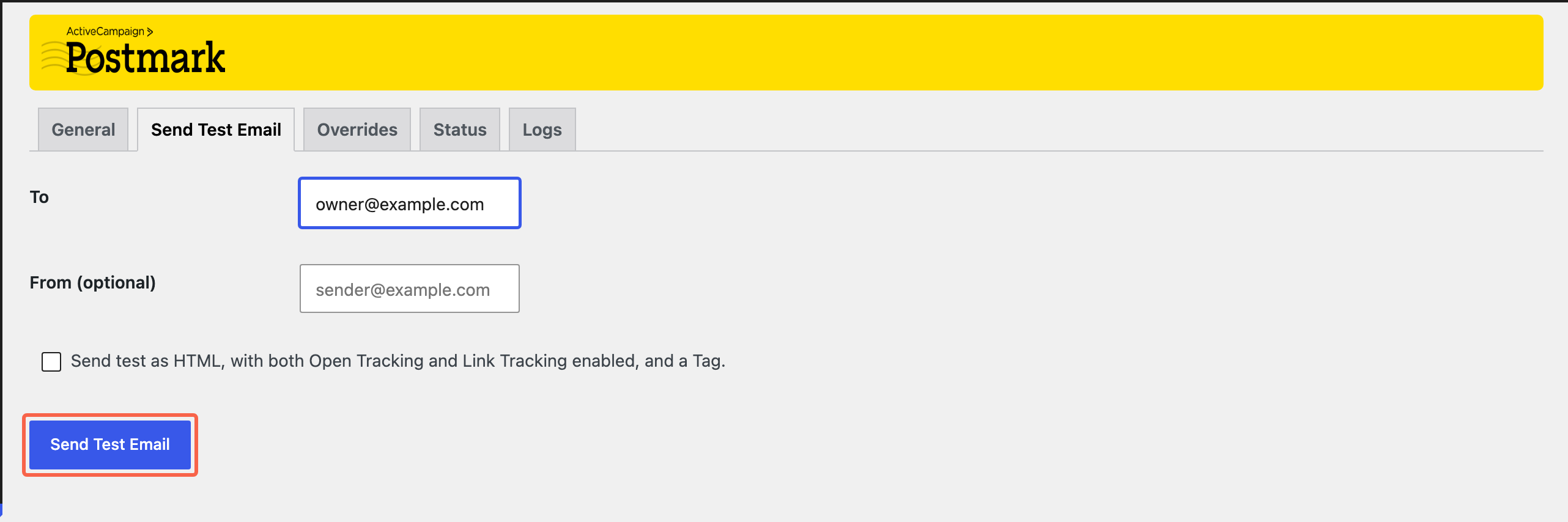 The Send Test Email tab of the Postmark settings screen with the Send Test Email button highlighted