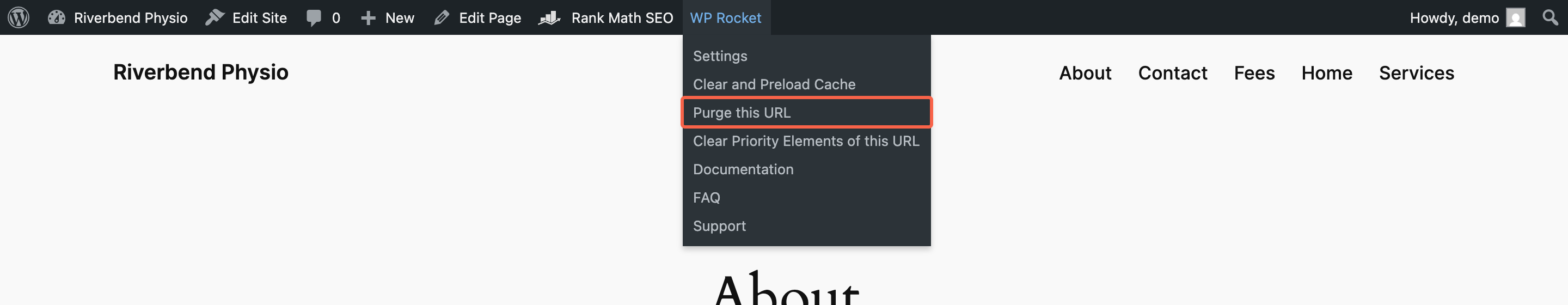 The WP Rocket menu in the black bar with Purge this URL highlighted