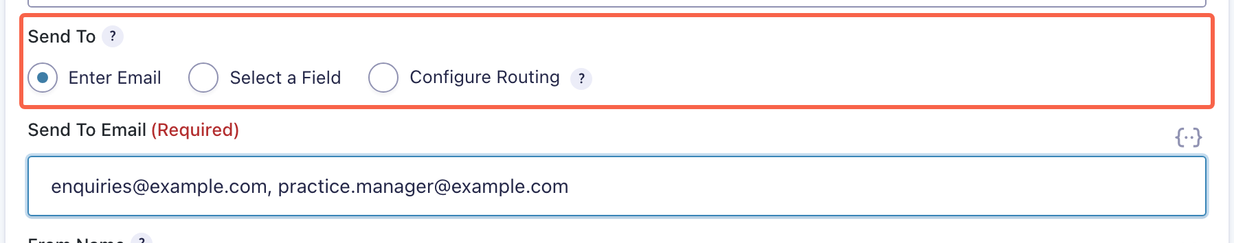 The Send To options on a Gravity Forms notification, highlighted, showing Enter Email selected alongside Select a Field and Configure Routing