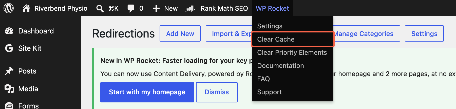 The WP Rocket menu open in the WordPress admin bar with the Clear Cache option highlighted