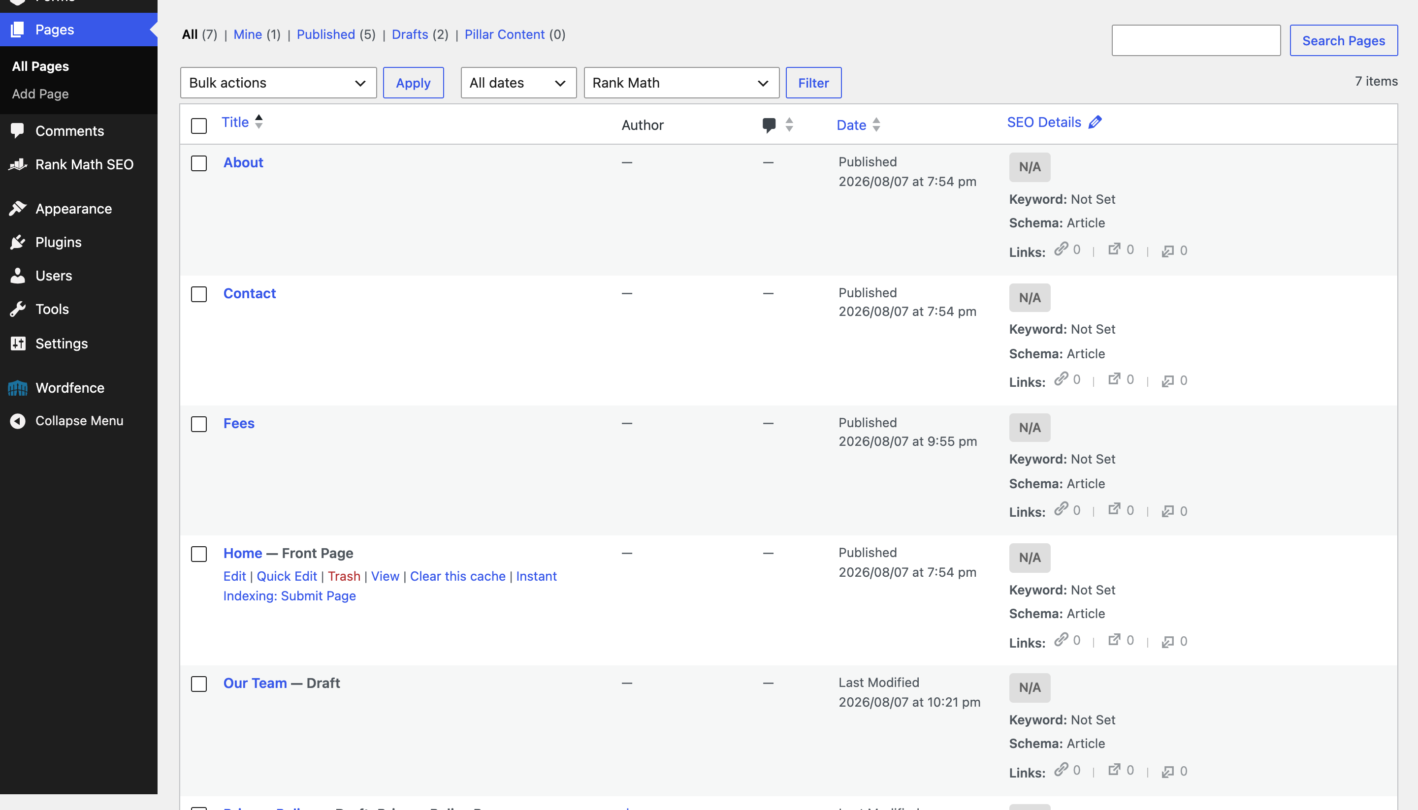The WordPress Pages list with the Drafts count above the table and a page labelled Draft next to its title