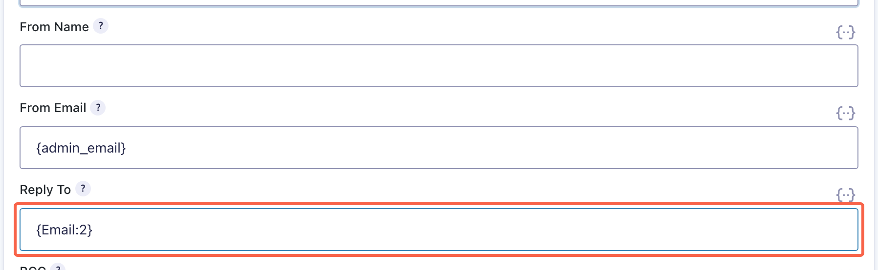 The From Name, From Email and Reply To fields on a Gravity Forms notification, with Reply To highlighted holding an email field placeholder
