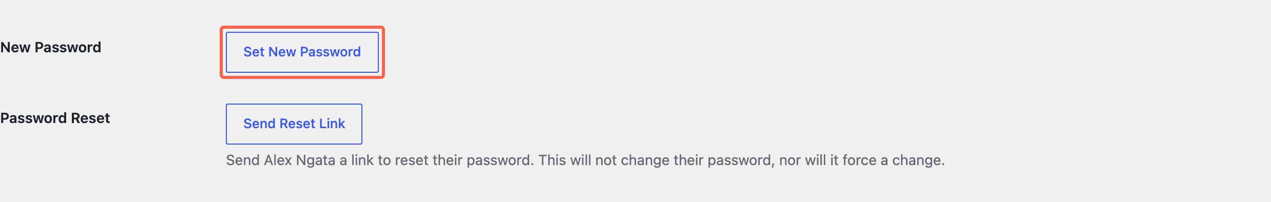 The Account Management section of a user's profile with the Set New Password button highlighted