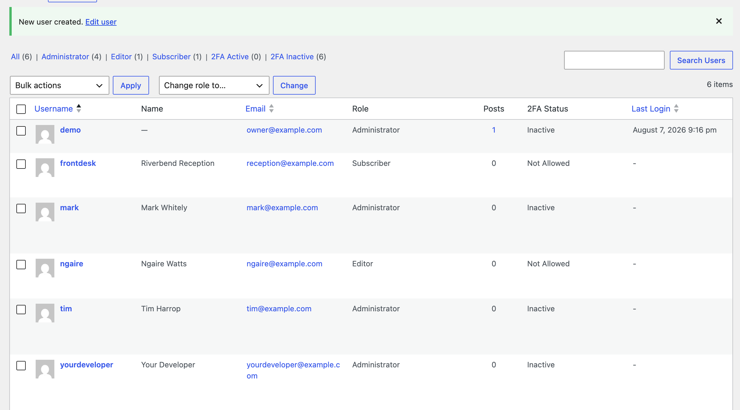 The Users list showing New user created and the new developer account with the Administrator role