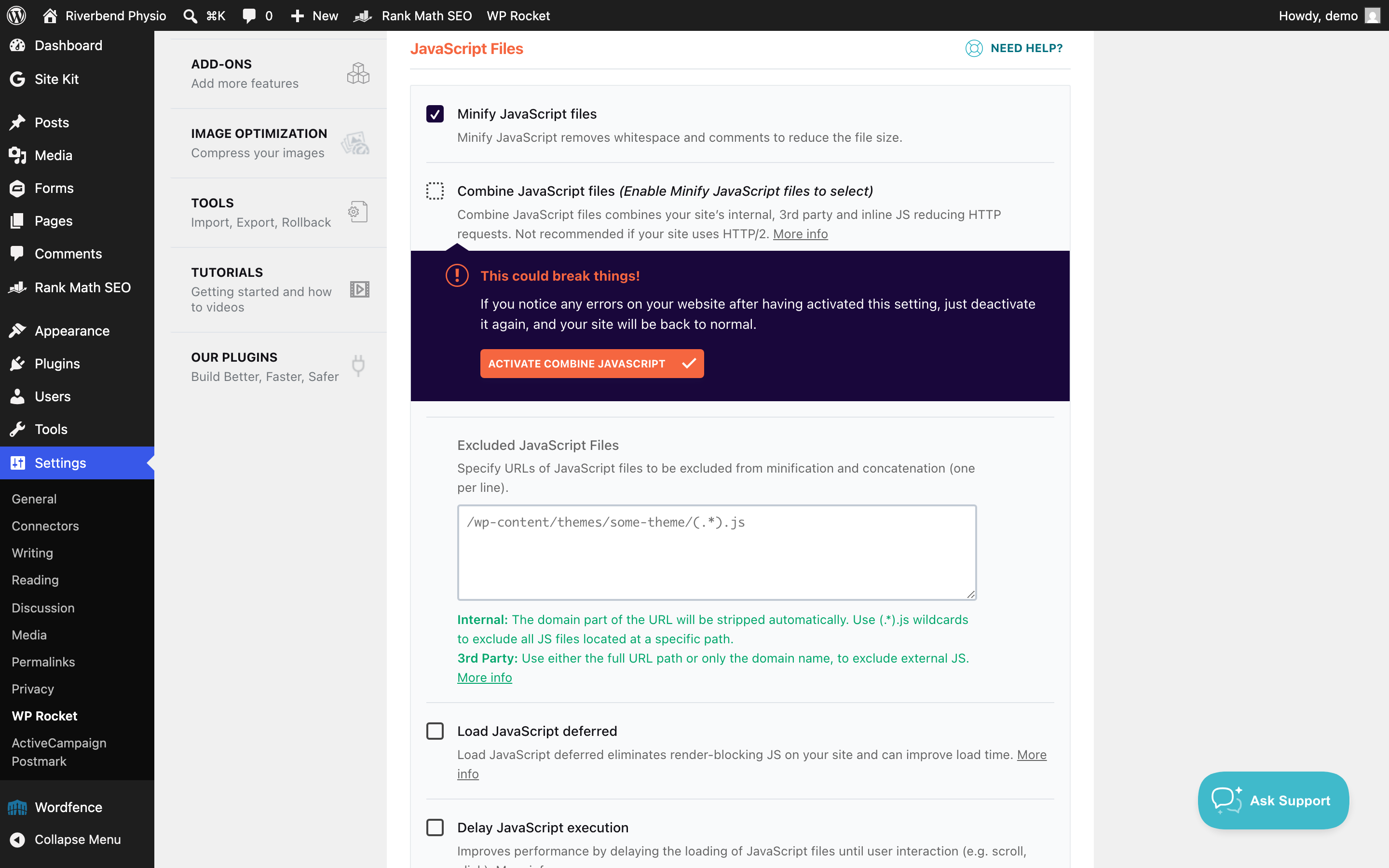 The WP Rocket warning reading This could break things with the Activate Combine JavaScript confirmation button