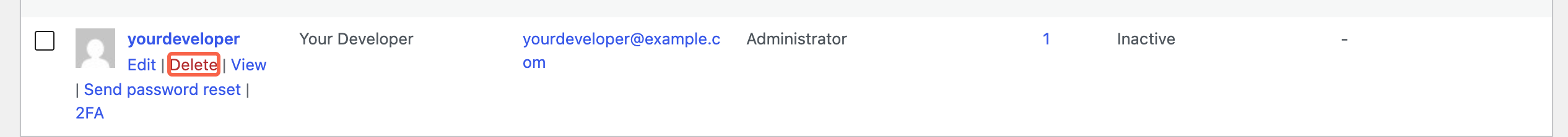 The Users list with the row links revealed under a username and the red Delete link highlighted