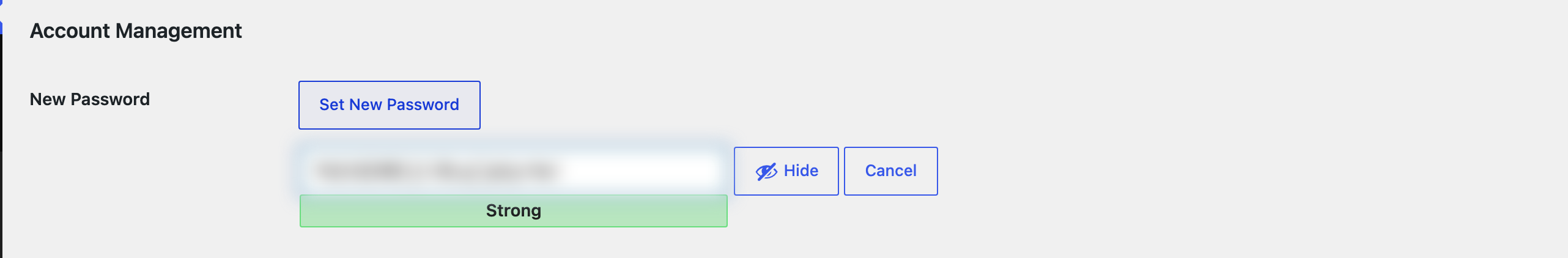 The New Password field on a user's profile filled with a generated password and a green Strong meter