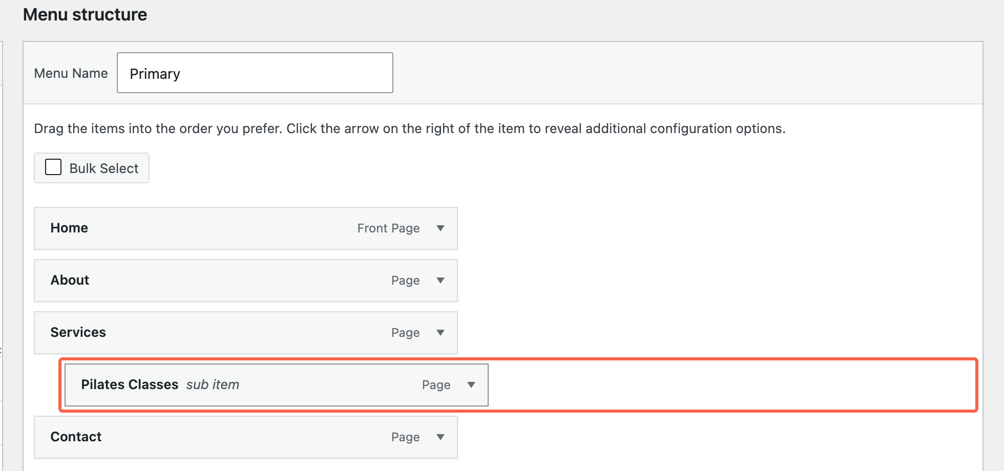 The menu structure list with the new page dragged in underneath Services and indented, labelled sub item, and highlighted