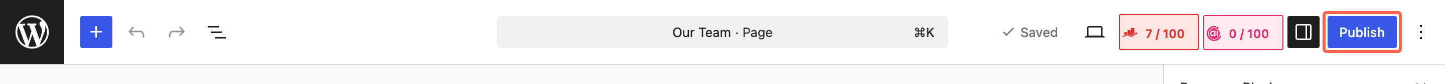 The WordPress editor with the blue Publish button in the top right corner highlighted