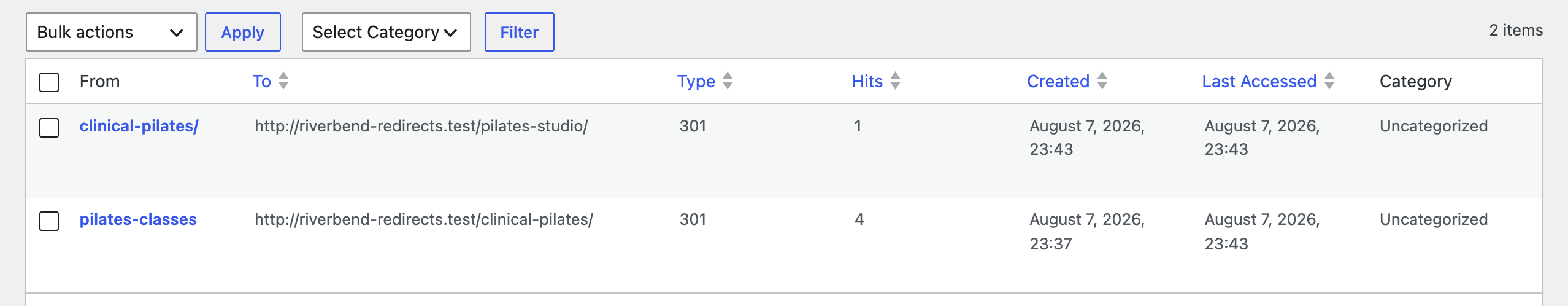 The Rank Math Redirections list showing two redirects that form a chain, where the destination of one is the source of the other