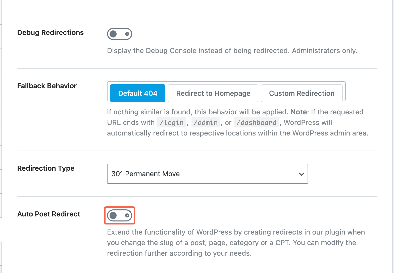 The Rank Math Redirections settings screen with the Auto Post Redirect toggle highlighted and Fallback Behavior set to Default 404