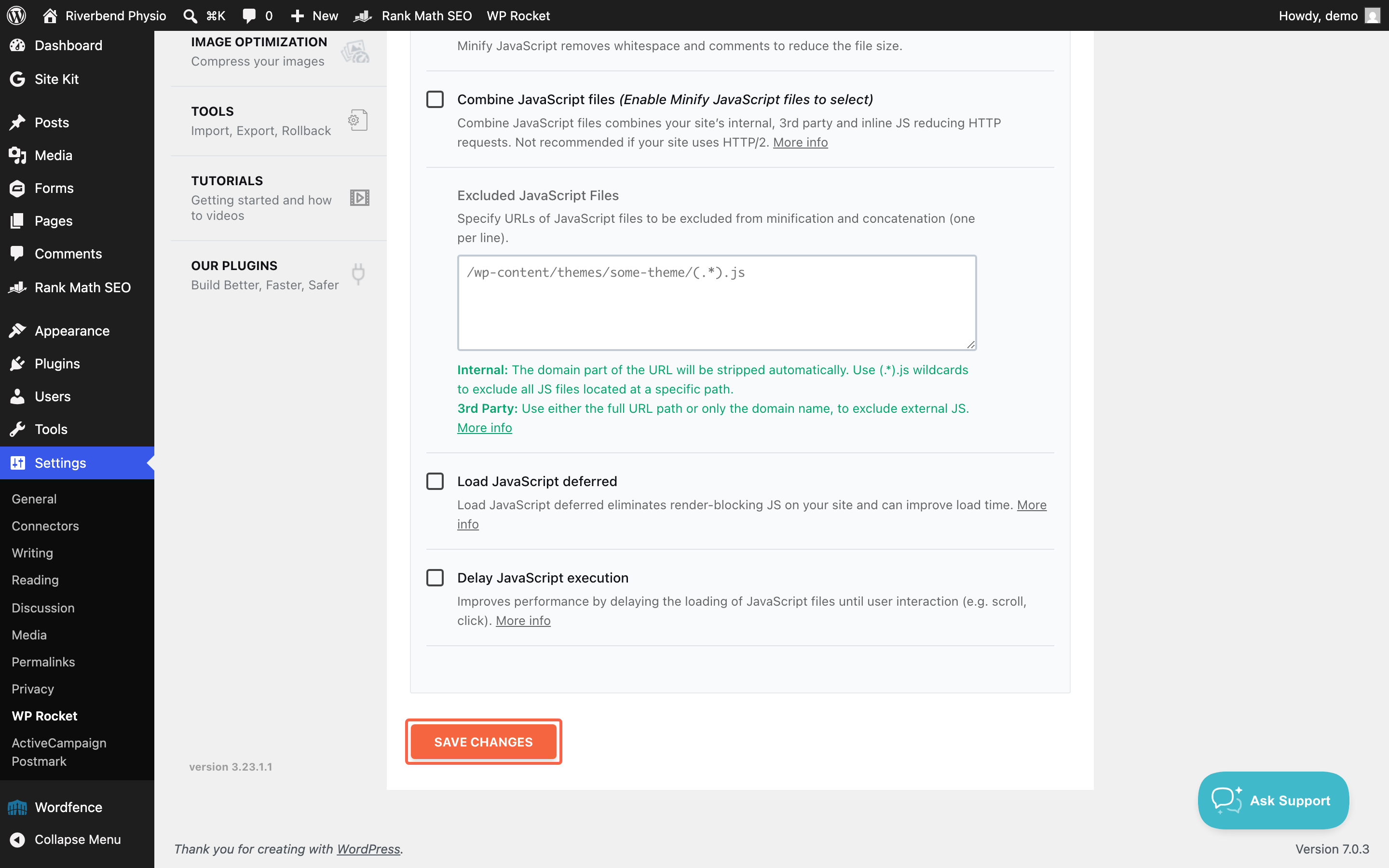 The Save Changes button at the bottom of a WP Rocket settings tab highlighted