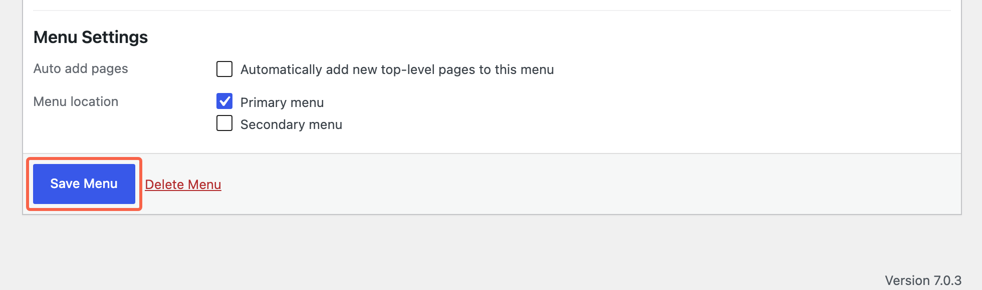 The Menu Settings section with the automatically add new pages checkbox visible and the Save Menu button highlighted