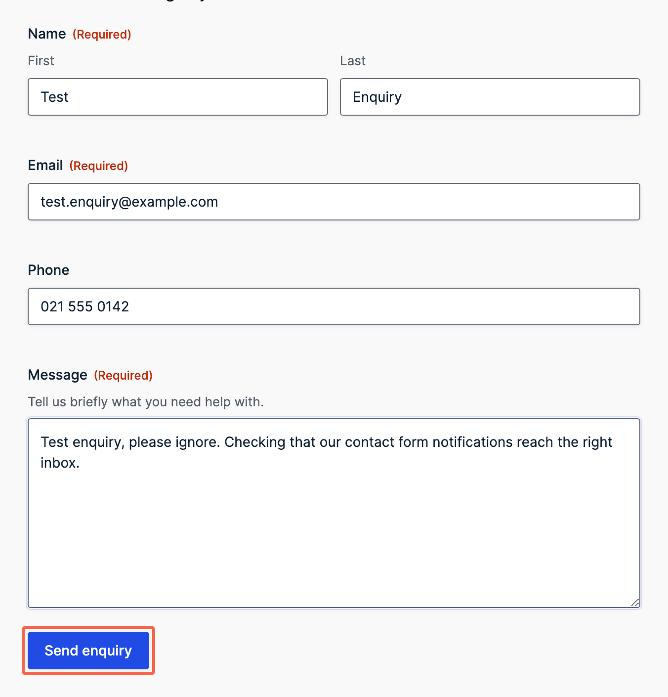 A filled-in contact form on the front of a website with the submit button highlighted