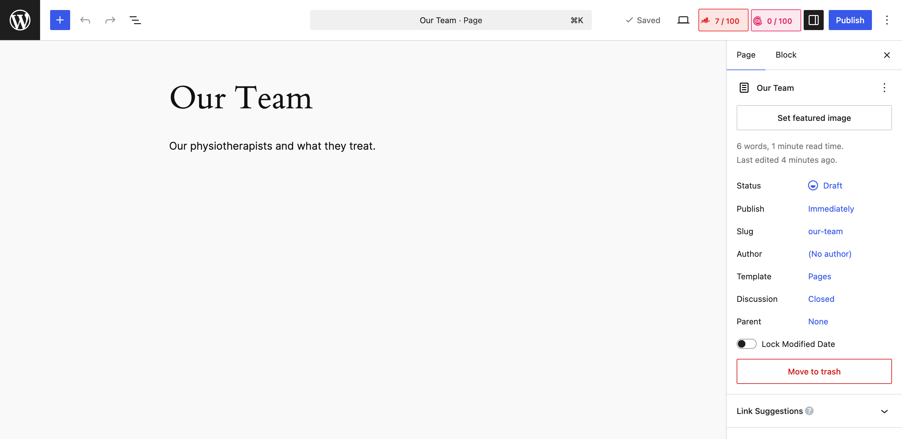 The WordPress editor with the Page tab open on the right showing the Status and Slug of the page being edited