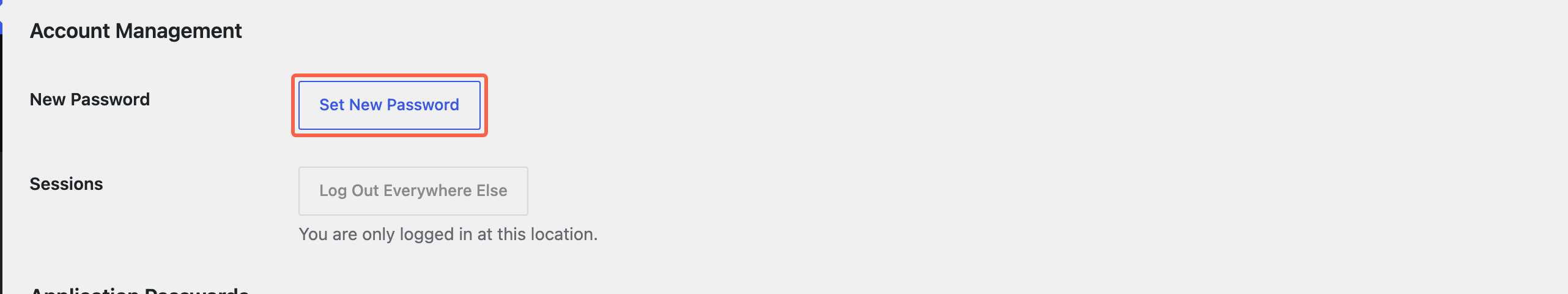 The Account Management section of a person's own Profile screen with the Set New Password button highlighted
