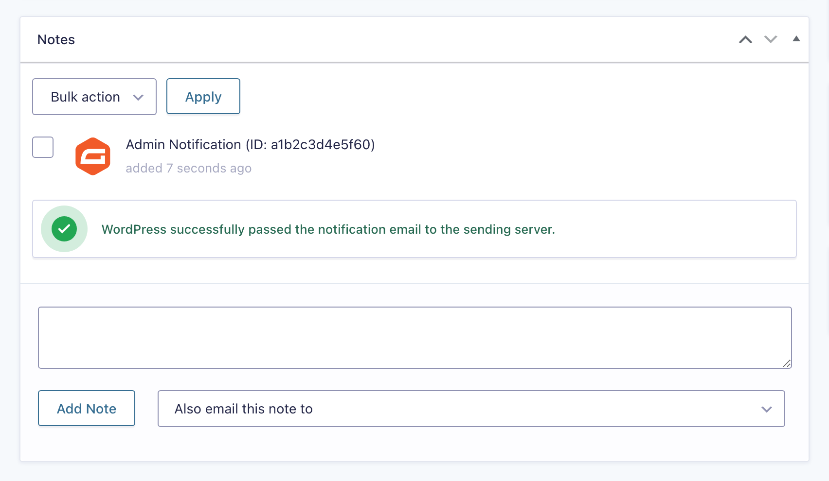 The Notes panel on a form entry showing a green note reading WordPress successfully passed the notification email to the sending server