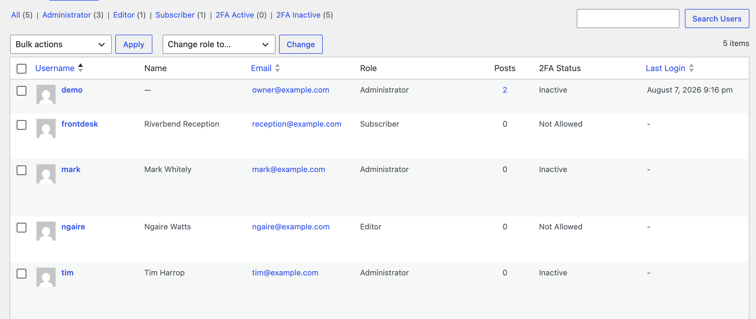 The Users list filter links counting five accounts, three of them Administrators
