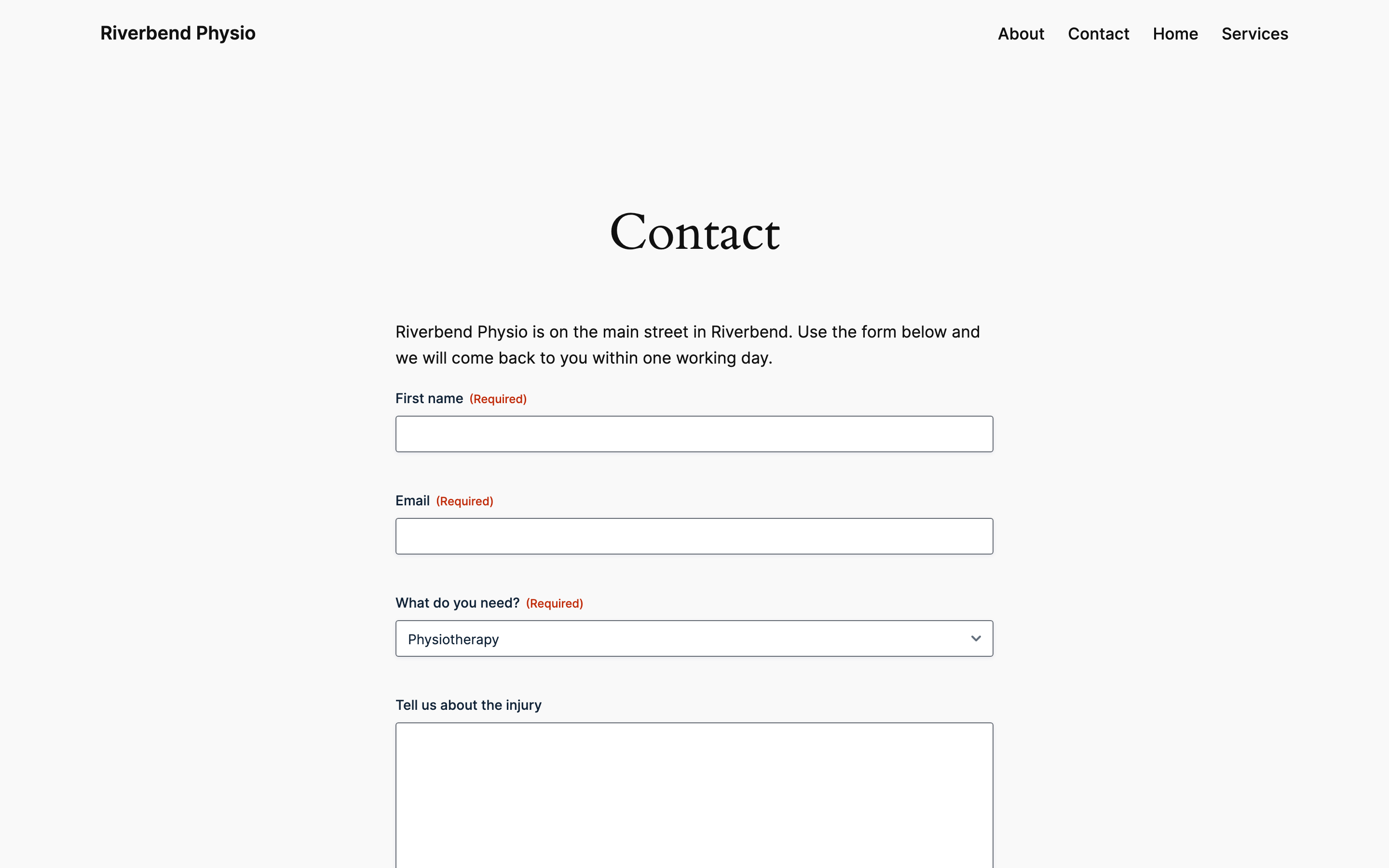 The same contact page after moving the mouse, with the booking form now fully visible