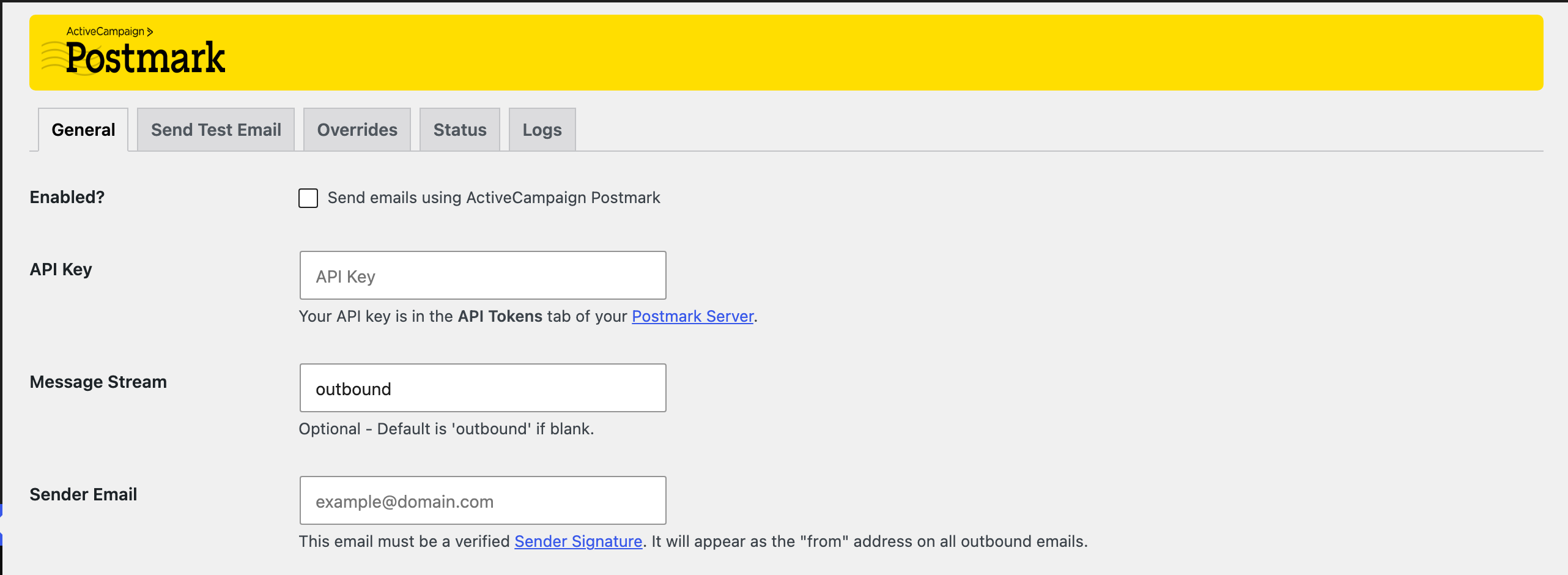 The General tab of the Postmark settings screen with the Enabled box unticked and the API Key field empty
