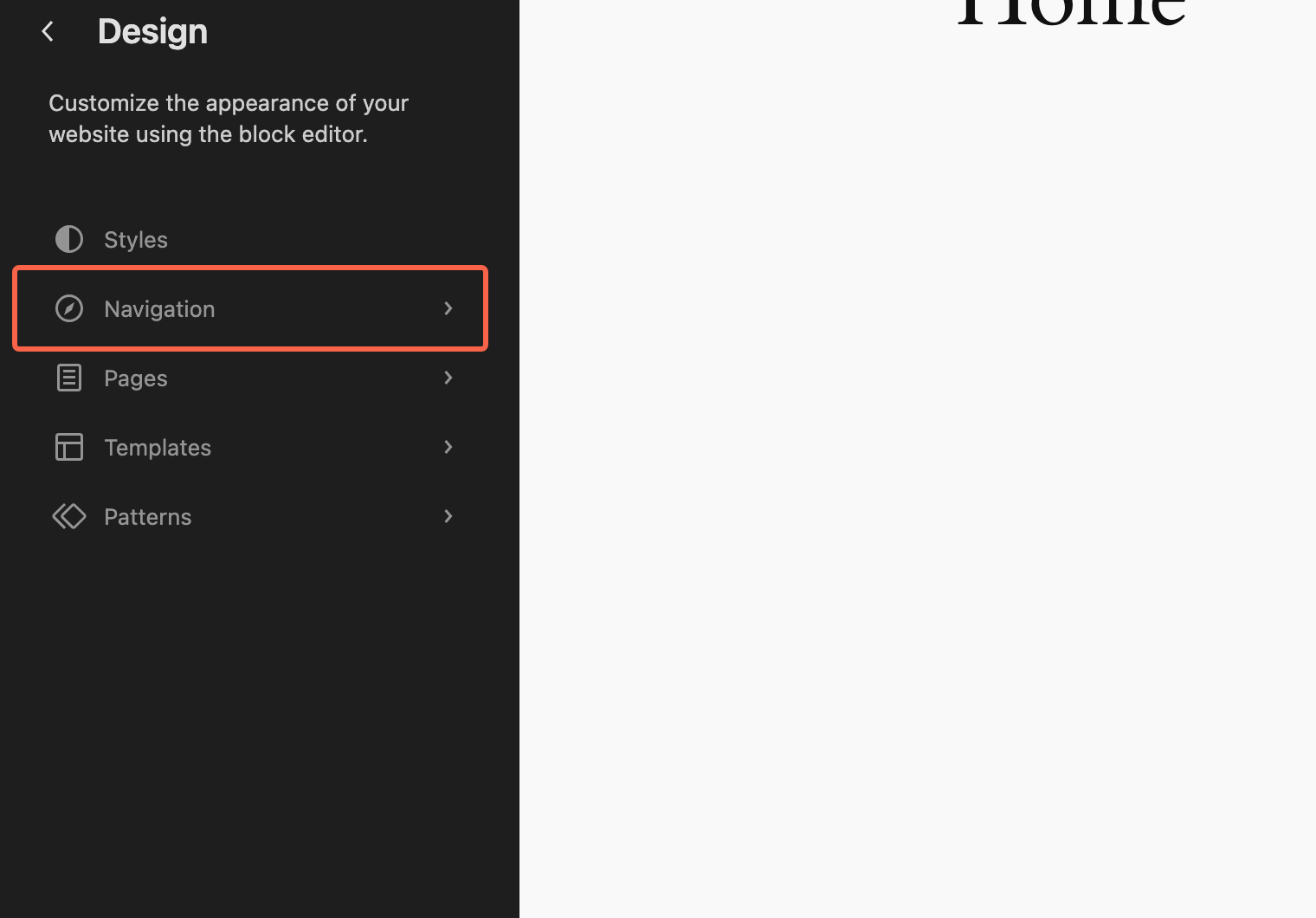 The Site Editor design panel on a block theme with the Navigation item highlighted