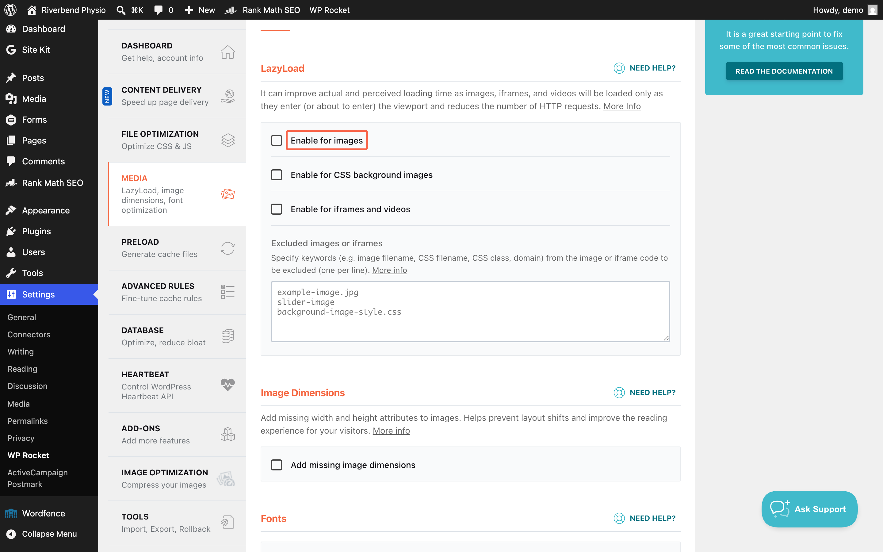 The WP Rocket Media tab with Enable for images under LazyLoad highlighted