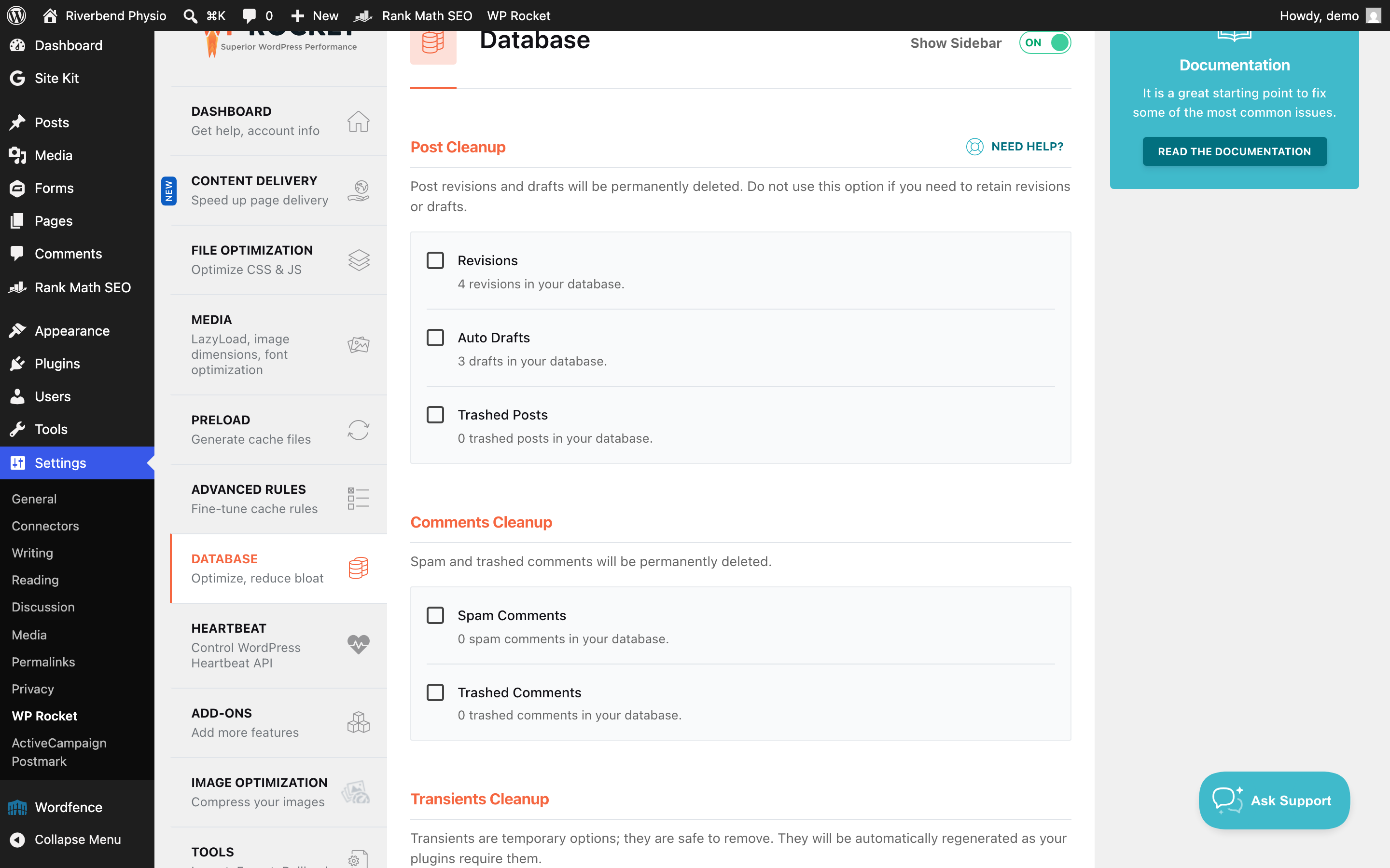 The WP Rocket Database tab showing the post, comment and transient cleanup options all unticked