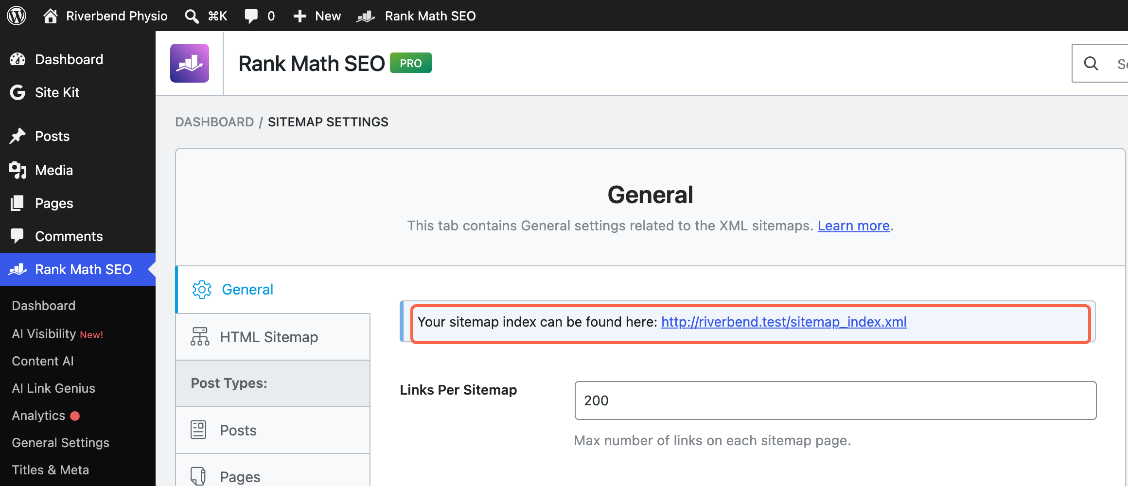 The Rank Math Sitemap Settings screen with the sitemap index address highlighted